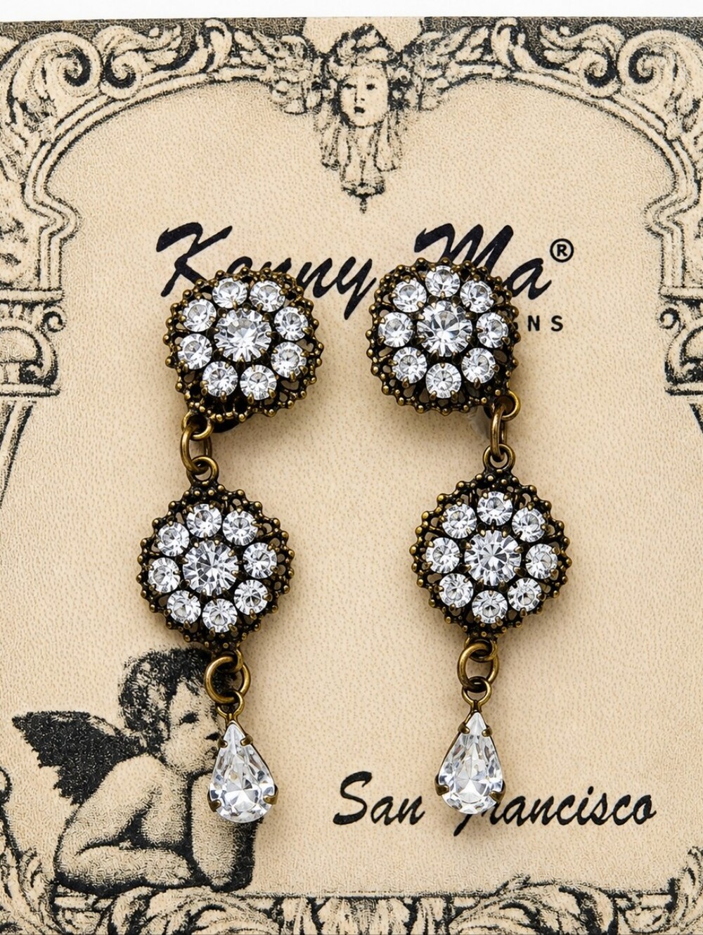 Vintage Kenny Ma Clip-On Earrings Rhinestone Dangle  1.75"  Antique Gold Tone